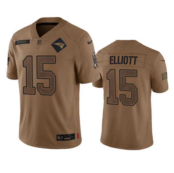 Mens New England Patriots #15 Ezekiel Elliott 2023 Brown Salute To Service Limited Football Stitched Jersey Dyin